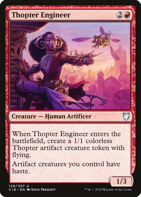 When Thopter Engineer enters the battlefield, create a 1/1 colorless Thopter artifact creature token with flying.
Artifact creatures you control have haste. (They can attack and {T} as soon as they come under your control.)