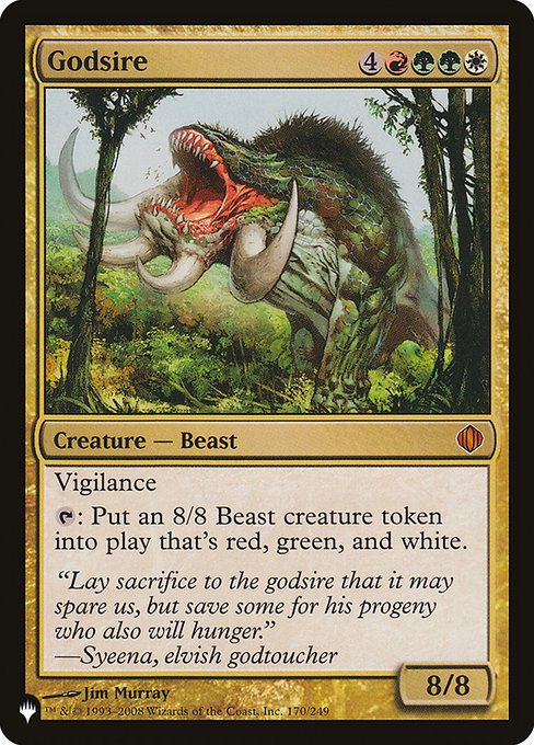Vigilance
{T}: Create an 8/8 Beast creature token that's red, green, and white.