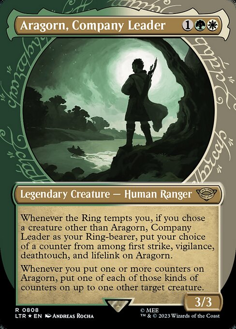 Whenever the Ring tempts you, if you chose a creature other than Aragorn, Company Leader as your Ring-bearer, put your choice of a counter from among first strike, vigilance, deathtouch, and lifelink on Aragorn.
Whenever you put one or more counters on Aragorn, put one of each of those kinds of counters on up to one other target creature.