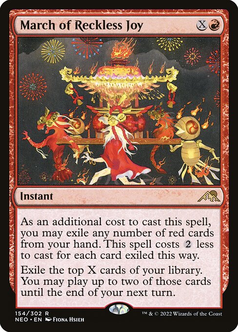 As an additional cost to cast this spell, you may exile any number of red cards from your hand. This spell costs {2} less to cast for each card exiled this way.
Exile the top X cards of your library. You may play up to two of those cards until the end of your next turn.