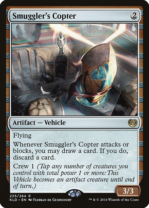 Flying
Whenever Smuggler's Copter attacks or blocks, you may draw a card. If you do, discard a card.
Crew 1 (Tap any number of creatures you control with total power 1 or more: This Vehicle becomes an artifact creature until end of turn.)