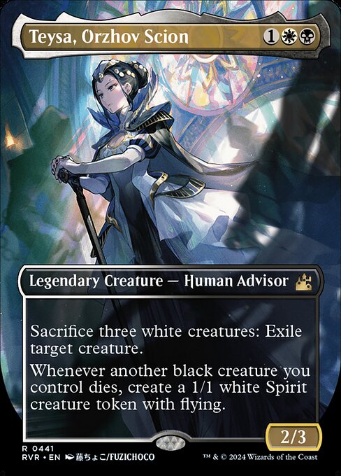 Sacrifice three white creatures: Exile target creature.
Whenever another black creature you control dies, create a 1/1 white Spirit creature token with flying.