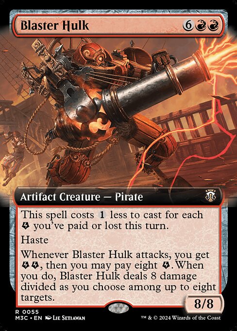 This spell costs {1} less to cast for each {E} (energy counter) you've paid or lost this turn.
Haste
Whenever Blaster Hulk attacks, you get {E}{E}, then you may pay eight {E}. When you do, Blaster Hulk deals 8 damage divided as you choose among up to eight targets.