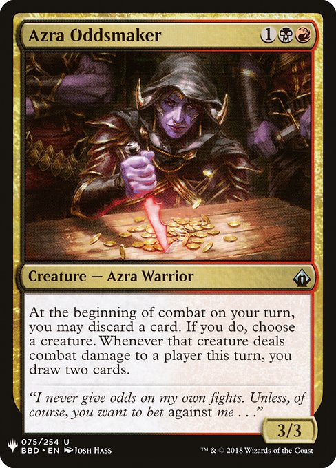 At the beginning of combat on your turn, you may discard a card. If you do, choose a creature. Whenever that creature deals combat damage to a player this turn, you draw two cards.