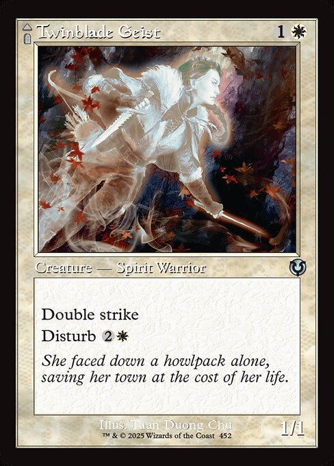 Double strike
Disturb {2}{W} (You may cast this card from your graveyard transformed for its disturb cost.)   Enchant creature
Enchanted creature has double strike.
If Twinblade Invocation would be put into a graveyard from anywhere, exile it instead.
