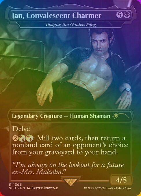 Delve (Each card you exile from your graveyard while casting this spell pays for {1}.)
{2}{G/U}{G/U}: Mill two cards, then return a nonland card of an opponent's choice from your graveyard to your hand.