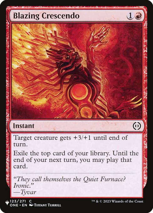 Target creature gets +3/+1 until end of turn.
Exile the top card of your library. Until the end of your next turn, you may play that card.