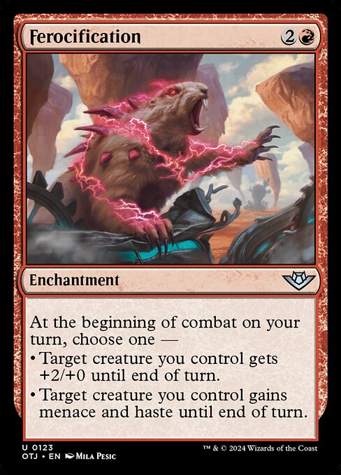 At the beginning of combat on your turn, choose one —
• Target creature you control gets +2/+0 until end of turn.
• Target creature you control gains menace and haste until end of turn.