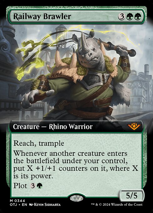 Reach, trample
Whenever another creature enters the battlefield under your control, put X +1/+1 counters on it, where X is its power.
Plot {3}{G} (You may pay {3}{G} and exile this card from your hand. Cast it as a sorcery on a later turn without paying its mana cost. Plot only as a sorcery.)