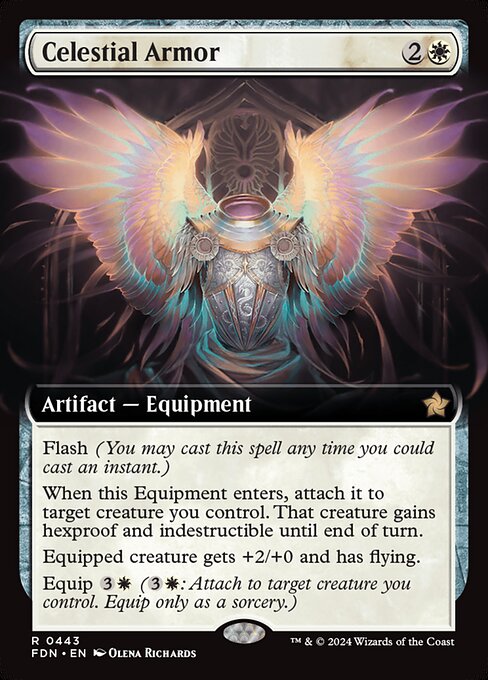 Flash (You may cast this spell any time you could cast an instant.)
When this Equipment enters, attach it to target creature you control. That creature gains hexproof and indestructible until end of turn.
Equipped creature gets +2/+0 and has flying.
Equip {3}{W} ({3}{W}: Attach to target creature you control. Equip only as a sorcery.)