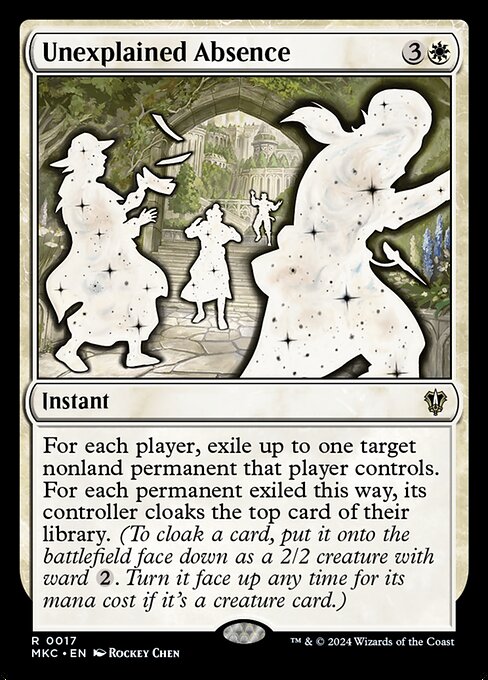 For each player, exile up to one target nonland permanent that player controls. For each permanent exiled this way, its controller cloaks the top card of their library. (To cloak a card, put it onto the battlefield face down as a 2/2 creature with ward {2}. Turn it face up any time for its mana cost if it's a creature card.)