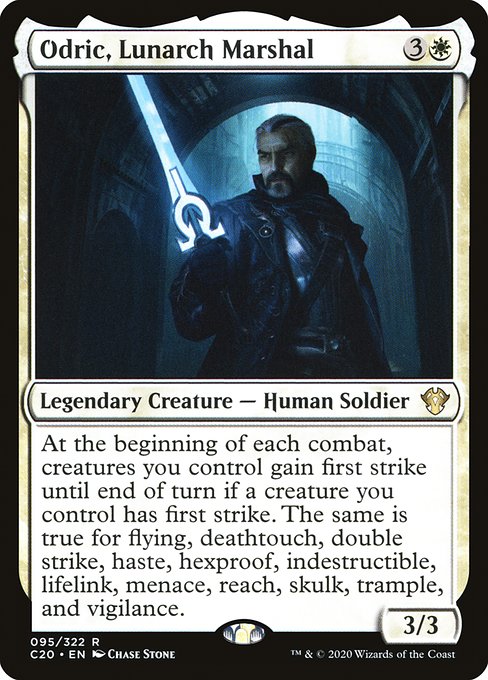 At the beginning of each combat, creatures you control gain first strike until end of turn if a creature you control has first strike. The same is true for flying, deathtouch, double strike, haste, hexproof, indestructible, lifelink, menace, reach, skulk, trample, and vigilance.
