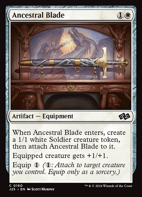 When Ancestral Blade enters, create a 1/1 white Soldier creature token, then attach Ancestral Blade to it.
Equipped creature gets +1/+1.
Equip {1} ({1}: Attach to target creature you control. Equip only as a sorcery.)