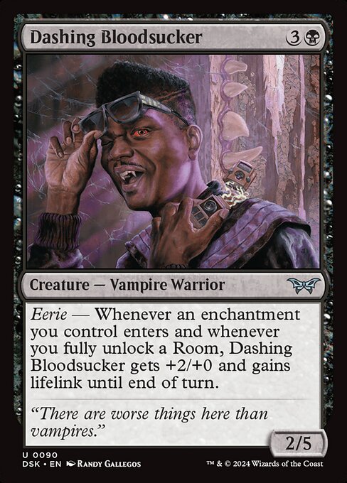 Eerie — Whenever an enchantment you control enters and whenever you fully unlock a Room, Dashing Bloodsucker gets +2/+0 and gains lifelink until end of turn.