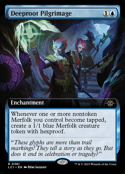 Whenever one or more nontoken Merfolk you control become tapped, create a 1/1 blue Merfolk creature token with hexproof.