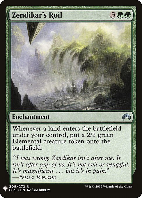 Landfall — Whenever a land you control enters, create a 2/2 green Elemental creature token.