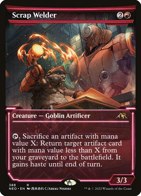 {T}, Sacrifice an artifact with mana value X: Return target artifact card with mana value less than X from your graveyard to the battlefield. It gains haste until end of turn.