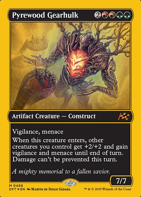 Vigilance, menace
When this creature enters, other creatures you control get +2/+2 and gain vigilance and menace until end of turn. Damage can't be prevented this turn.