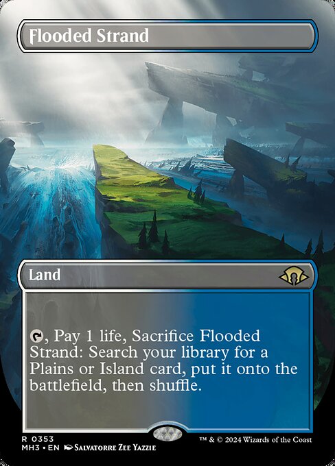 {T}, Pay 1 life, Sacrifice Flooded Strand: Search your library for a Plains or Island card, put it onto the battlefield, then shuffle.