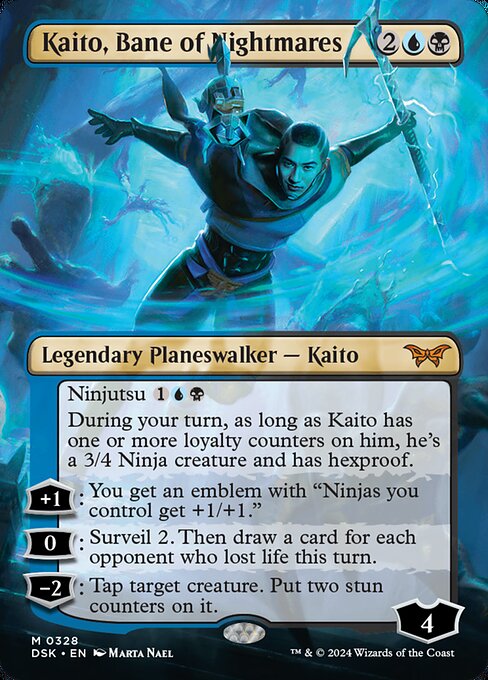Ninjutsu {1}{U}{B} ({1}{U}{B}, Return an unblocked attacker you control to hand: Put this card onto the battlefield from your hand tapped and attacking.)
During your turn, as long as Kaito has one or more loyalty counters on him, he's a 3/4 Ninja creature and has hexproof.
+1: You get an emblem with "Ninjas you control get +1/+1."
0: Surveil 2. Then draw a card for each opponent who lost life this turn.
−2: Tap target creature. Put two stun counters on it.