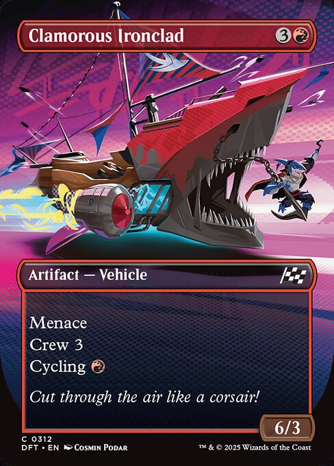 Menace (This creature can't be blocked except by two or more creatures.)
Crew 3 (Tap any number of creatures you control with total power 3 or more: This Vehicle becomes an artifact creature end of turn.)
Cycling {R} ({R}, Discard this card: Draw a card.)