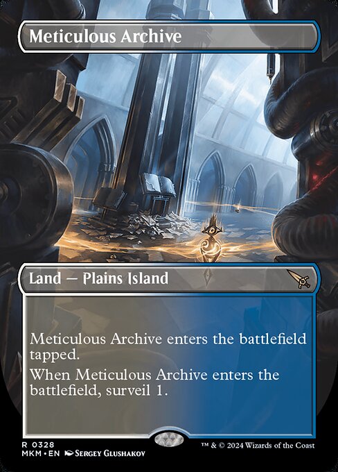 ({T}: Add {W} or {U}.)
Meticulous Archive enters the battlefield tapped.
When Meticulous Archive enters the battlefield, surveil 1. (Look at the top card of your library. You may put it into your graveyard.)
