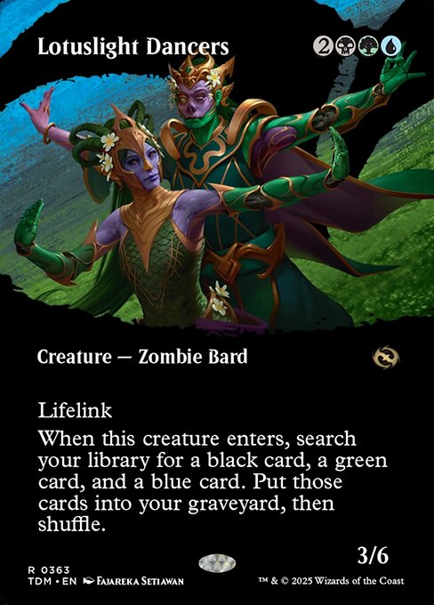 Lifelink
When this creature enters, search your library for a black card, a green card, and a blue card. Put those cards into your graveyard, then shuffle.