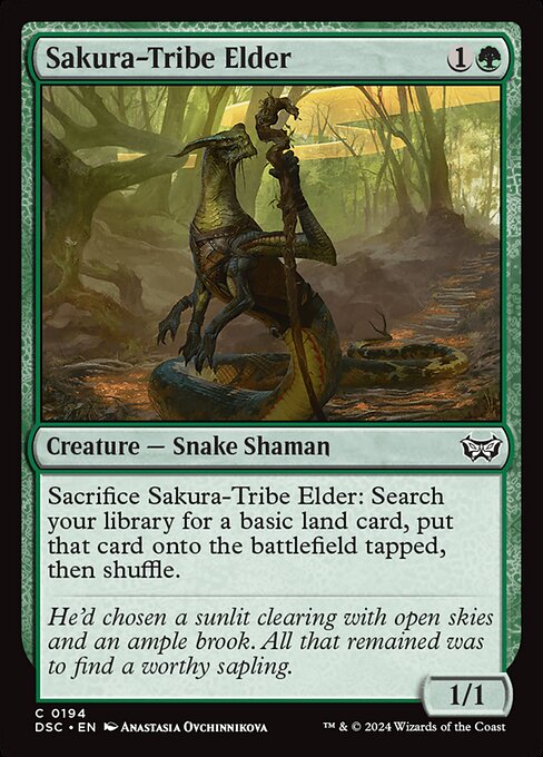 Sacrifice Sakura-Tribe Elder: Search your library for a basic land card, put that card onto the battlefield tapped, then shuffle.