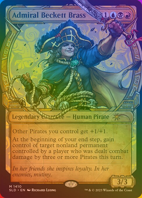 Other Pirates you control get +1/+1.
At the beginning of your end step, gain control of target nonland permanent controlled by a player who was dealt combat damage by three or more Pirates this turn.