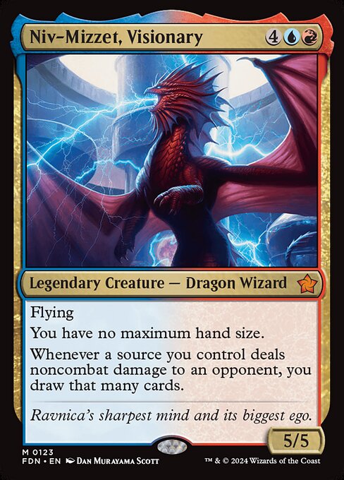 Flying
You have no maximum hand size.
Whenever a source you control deals noncombat damage to an opponent, you draw that many cards.