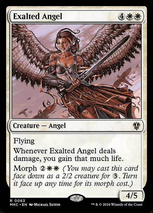 Flying
Whenever Exalted Angel deals damage, you gain that much life.
Morph {2}{W}{W} (You may cast this card face down as a 2/2 creature for {3}. Turn it face up any time for its morph cost.)