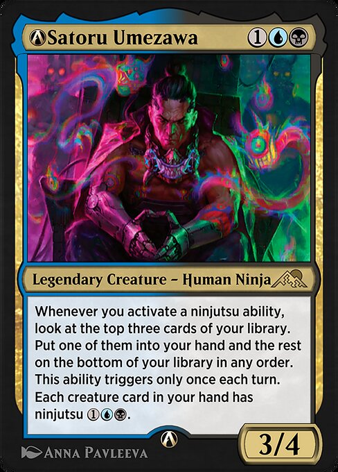 Whenever you activate a ninjutsu ability, look at the top three cards of your library. Put one of them into your hand and the rest on the bottom of your library in any order. This ability triggers only once each turn.
Each creature card in your hand has ninjutsu {1}{U}{B}.