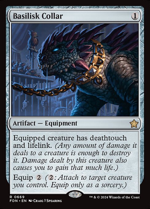 Equipped creature has deathtouch and lifelink. (Any amount of damage it deals to a creature is enough to destroy it. Damage dealt by this creature also causes you to gain that much life.)
Equip {2} ({2}: Attach to target creature you control. Equip only as a sorcery.)
