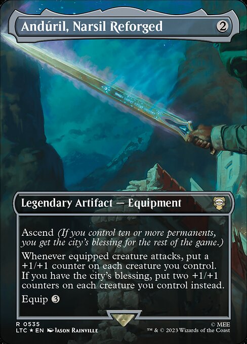 Ascend (If you control ten or more permanents, you get the city's blessing for the rest of the game.)
Whenever equipped creature attacks, put a +1/+1 counter on each creature you control. If you have the city's blessing, put two +1/+1 counters on each creature you control instead.
Equip {3}