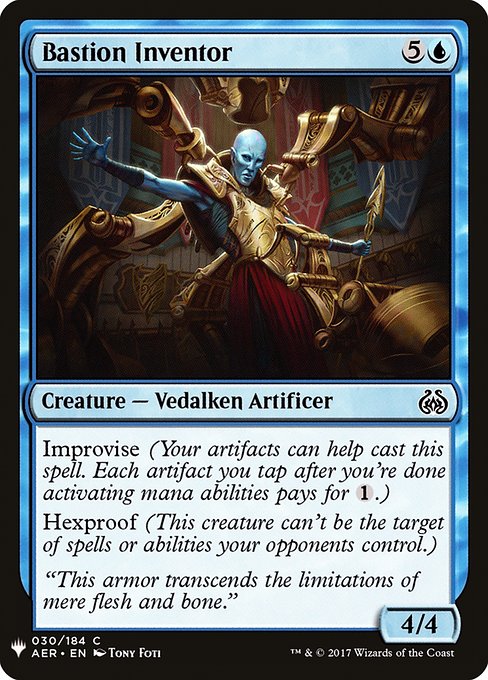 Improvise (Your artifacts can help cast this spell. Each artifact you tap after you're done activating mana abilities pays for {1}.)
Hexproof (This creature can't be the target of spells or abilities your opponents control.)