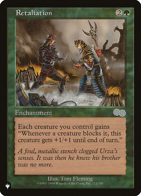 Creatures you control have "Whenever this creature becomes blocked by a creature, this creature gets +1/+1 until end of turn."