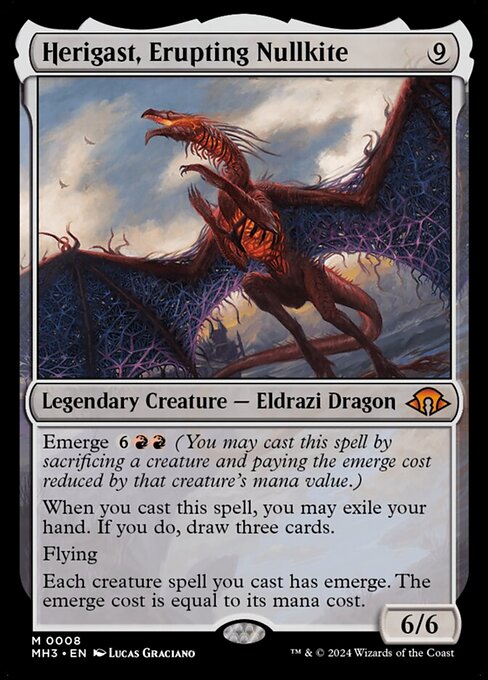 Emerge {6}{R}{R} (You may cast this spell by sacrificing a creature and paying the emerge cost reduced by that creature's mana value.)
When you cast this spell, you may exile your hand. If you do, draw three cards.
Flying
Each creature spell you cast has emerge. The emerge cost is equal to its mana cost.