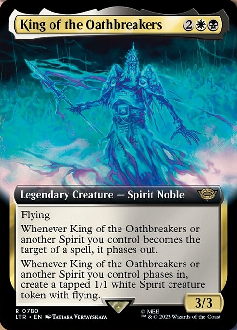 Flying
Whenever King of the Oathbreakers or another Spirit you control becomes the target of a spell, it phases out. (Treat it and anything attached to it as though they don't exist until your next turn.)
Whenever King of the Oathbreakers or another Spirit you control phases in, create a tapped 1/1 white Spirit creature token with flying.