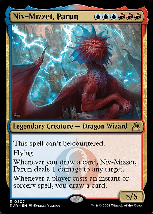This spell can't be countered.
Flying
Whenever you draw a card, Niv-Mizzet, Parun deals 1 damage to any target.
Whenever a player casts an instant or sorcery spell, you draw a card.