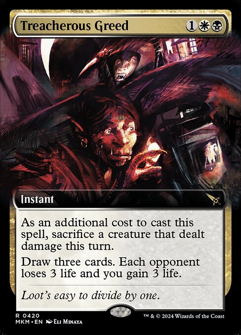 As an additional cost to cast this spell, sacrifice a creature that dealt damage this turn.
Draw three cards. Each opponent loses 3 life and you gain 3 life.