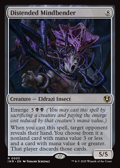 Emerge {5}{B}{B} (You may cast this spell by sacrificing a creature and paying the emerge cost reduced by that creature's mana value.)
When you cast this spell, target opponent reveals their hand. You choose from it a nonland card with mana value 3 or less and a card with mana value 4 or greater. That player discards those cards.