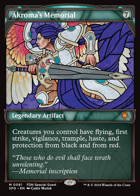 Creatures you control have flying, first strike, vigilance, trample, haste, and protection from black and from red.