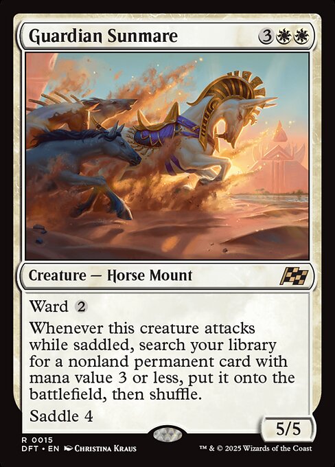 Ward {2}
Whenever this creature attacks while saddled, search your library for a nonland permanent card with mana value 3 or less, put it onto the battlefield, then shuffle.
Saddle 4