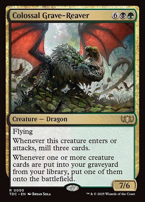 Flying
Whenever this creature enters or attacks, mill three cards.
Whenever one or more creature cards are put into your graveyard from your library, put one of them onto the battlefield.