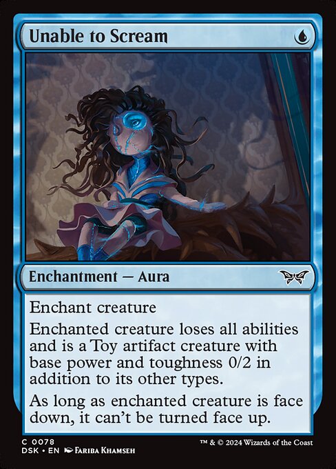 Enchant creature
Enchanted creature loses all abilities and is a Toy artifact creature with base power and toughness 0/2 in addition to its other types.
As long as enchanted creature is face down, it can't be turned face up.