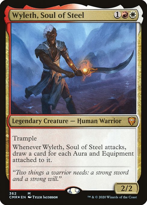 Trample
Whenever Wyleth, Soul of Steel attacks, draw a card for each Aura and Equipment attached to it.