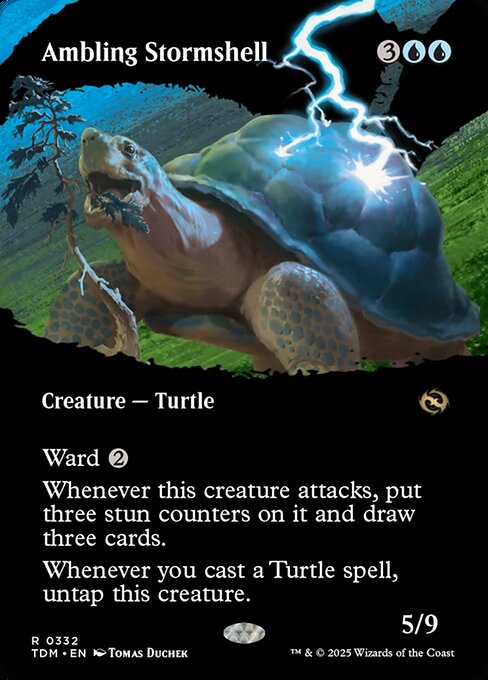 Ward {2}
Whenever this creature attacks, put three stun counters on it and draw three cards. (If a permanent with a stun counter would become untapped, remove one from it instead.)
Whenever you cast a Turtle spell, untap this creature.