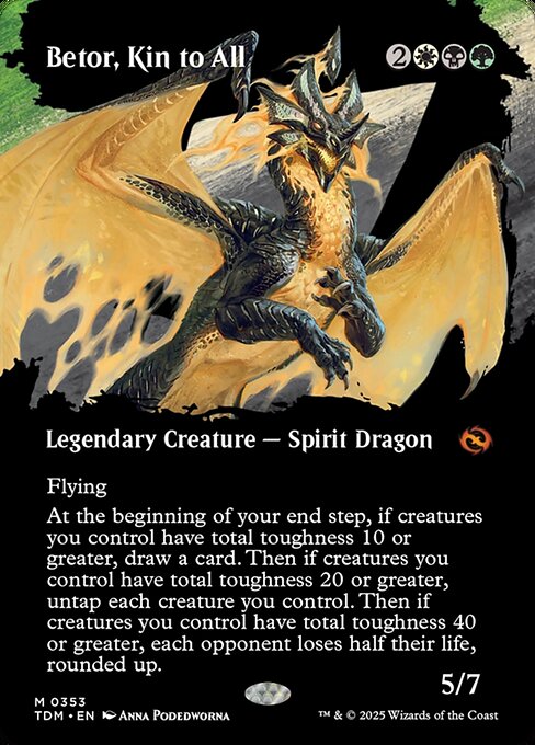 Flying
At the beginning of your end step, if creatures you control have total toughness 10 or greater, draw a card. Then if creatures you control have total toughness 20 or greater, untap each creature you control. Then if creatures you control have total toughness 40 or greater, each opponent loses half their life, rounded up.