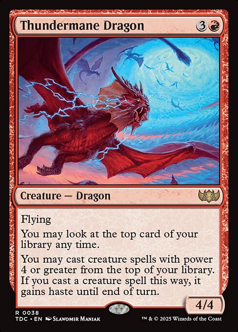 Flying
You may look at the top card of your library any time.
You may cast creature spells with power 4 or greater from the top of your library. If you cast a creature spell this way, it gains haste until end of turn.