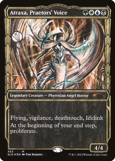 Flying, vigilance, deathtouch, lifelink
At the beginning of your end step, proliferate. (Choose any number of permanents and/or players, then give each another counter of each kind already there.)